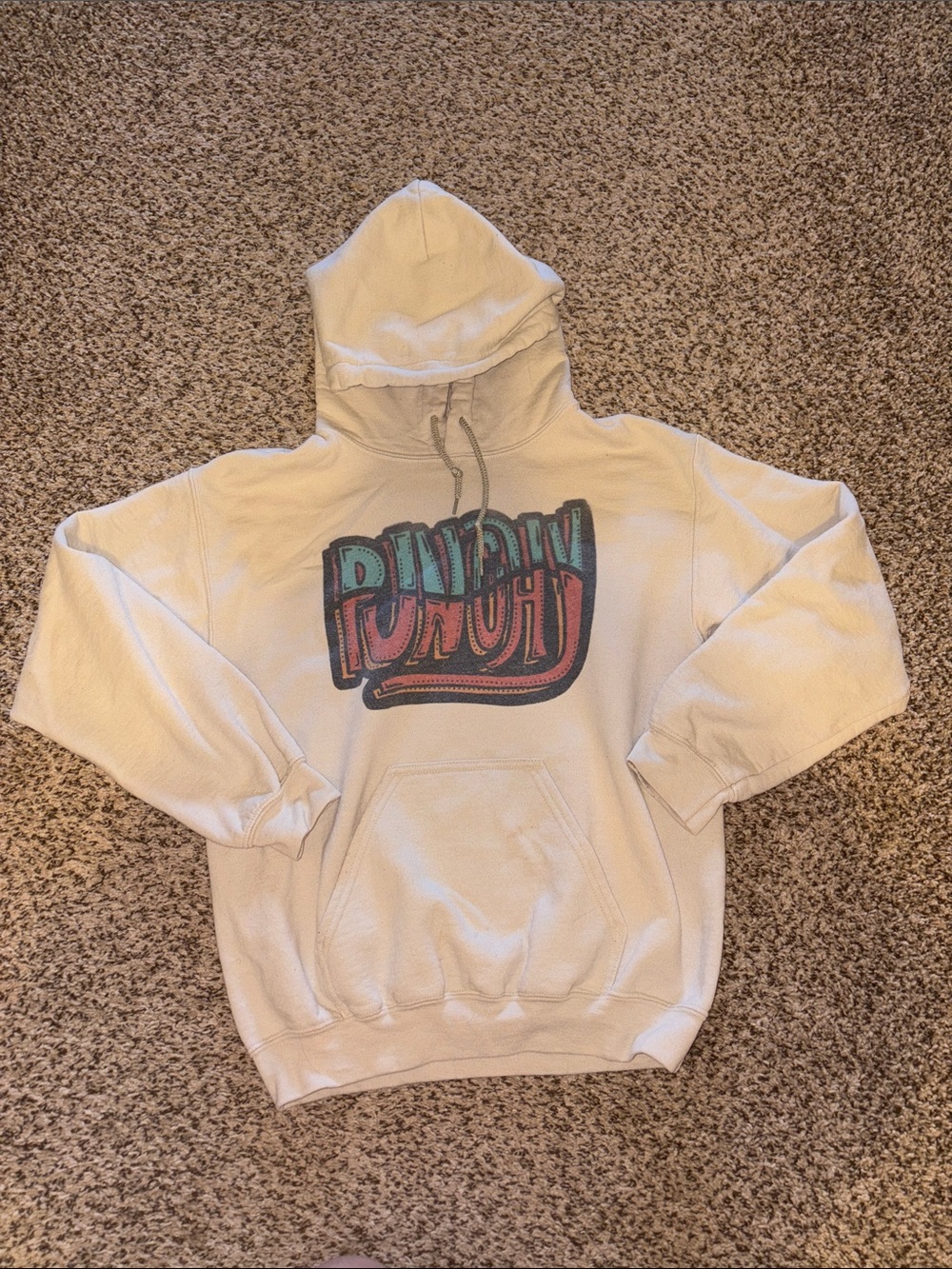 Small Cream Hooded Sweatshirt with Retro Punchy Graphic